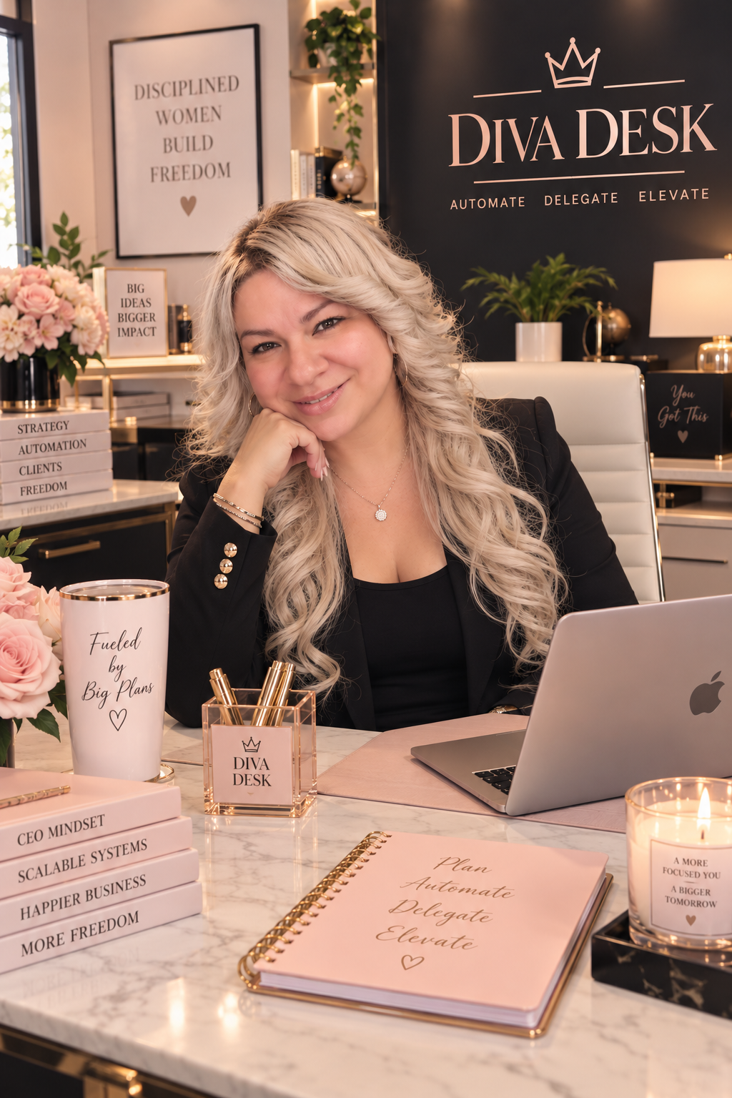 Jessica Acevedo, founder of DivaDesk, at her desk